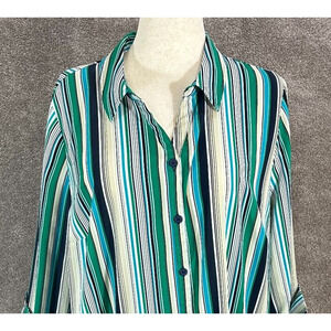 Catherines Shirt Womens 1X 18-20W Green Stripe Button Cuffed 3/4 Sleeve Blouse